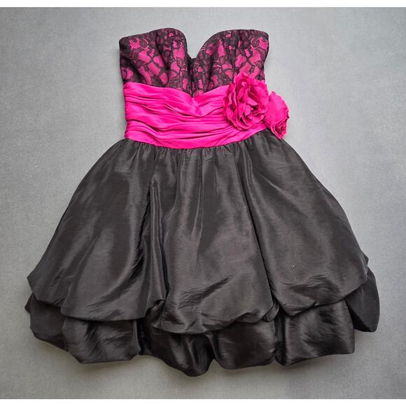 Betsey Johnson Evening Dress Size 2 Puffy Strapless Prom Black Pink Short Lace - Picture 2 of 11